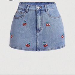 Women's Denim Red Cherry Tie Skirt Size Small 