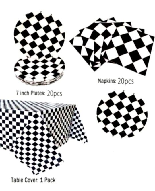 Checkered Racecar Themed Birthday Party Cake Plates Napkins and Tablecloth