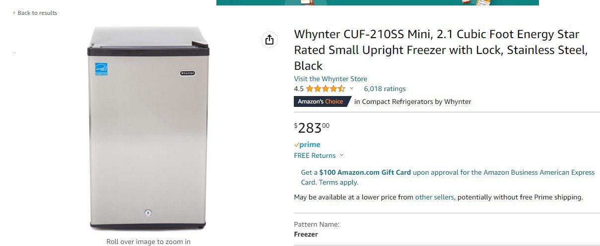 Whynter CUF-2100SS Mini 2.1 Freezer- $120