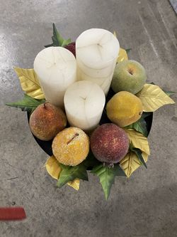 Metal Tray with Candles, Beaded Fruit And leaves