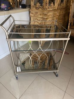 Gold Metal Bar Cart with Glass Shelves