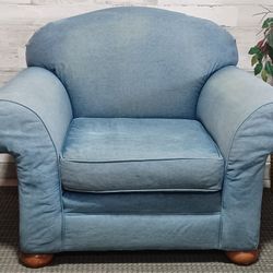 Living Room Arm Chair in Light Blue Stone Wash Denim with Round Wooden Feet