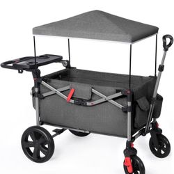 EVER ADVANCED Foldable Wagons for Two Kids & Cargo, Collapsible Folding Wagon Stroller with Adjustable Handle Bar,Removable Canopy with 5-Point Harnes