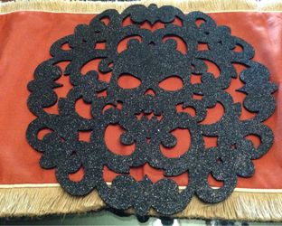 HALLOWEEN Set Of 2 Black Shimmering Skeleton Placemats