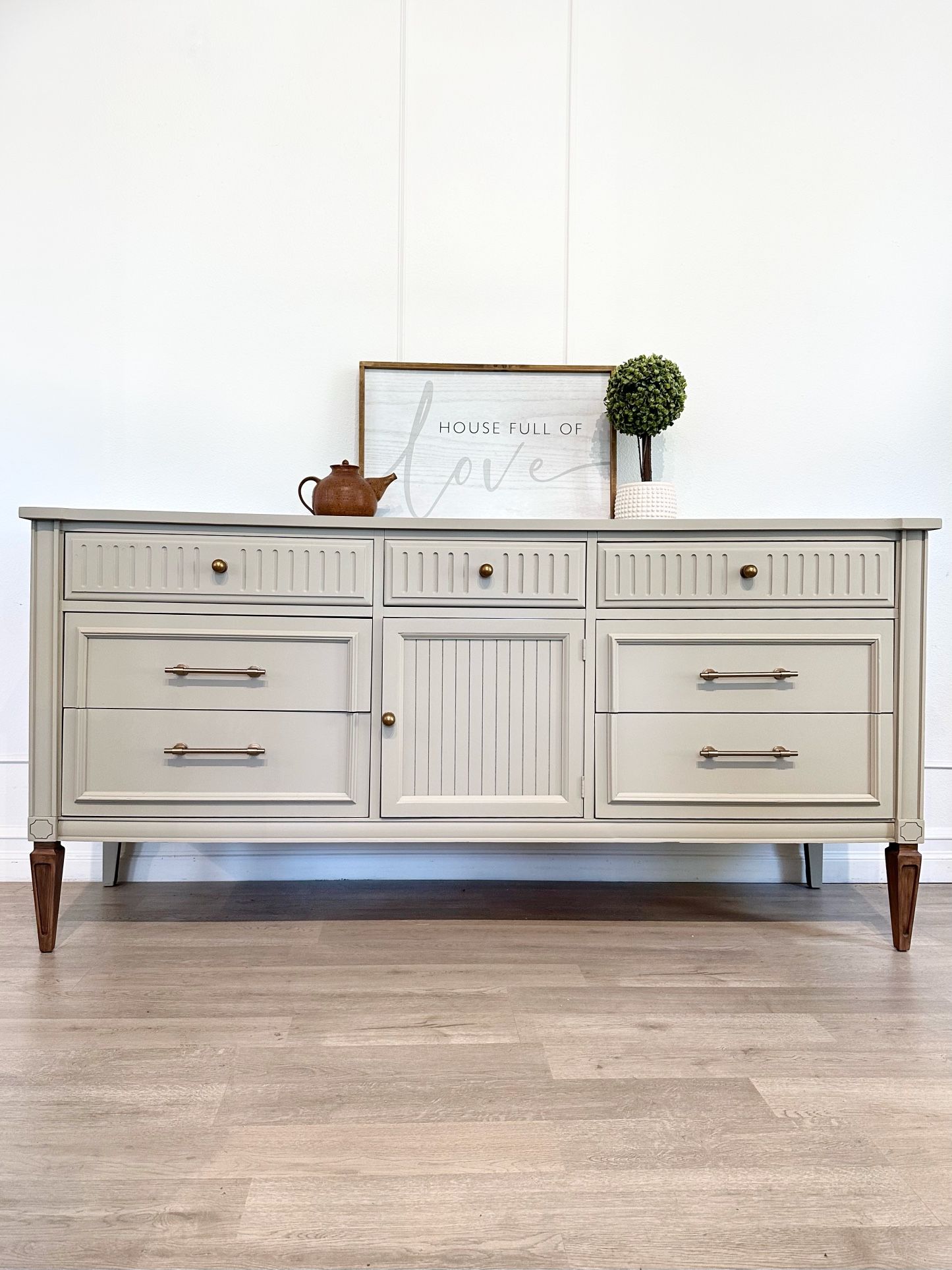 SOLD •Refinished Modern 9 Drawers Dresser / Buffet / Sideboard In Beige / Grey Colour