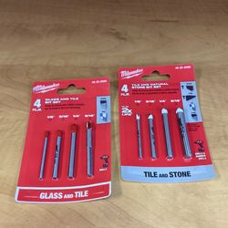 Milwaukee drill bits: a 4-piece Glass and Tile Bit Set (model and a 4-piece Tile and Natural Stone Bit Set.