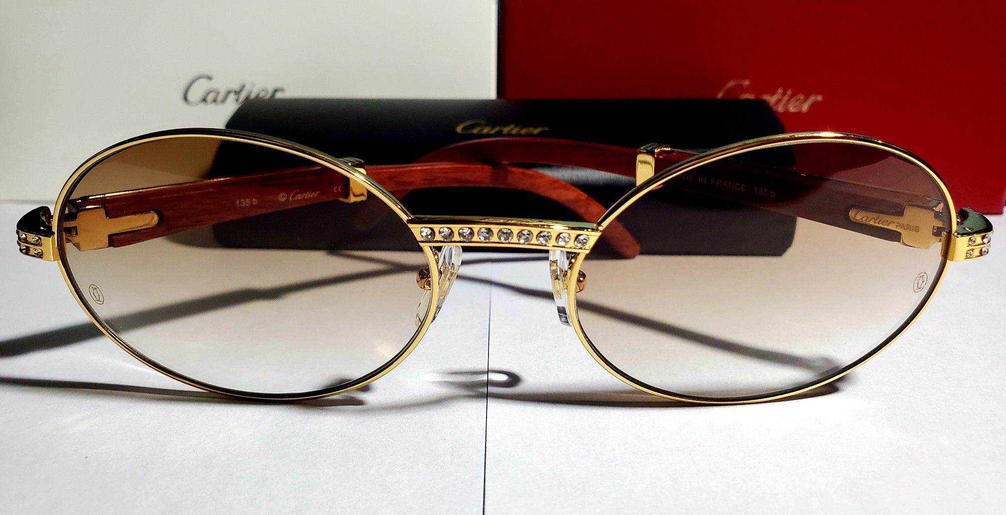 New Cartier Gold Wood Diamond Frame sunglasses