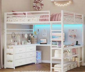 NEW Unopened Twin Loft Bed w/ Desk, Storage, Drawers & LED Lights
