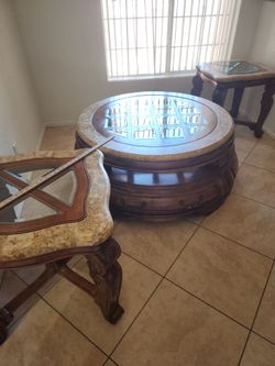 Oak, Marble and Glass Tables