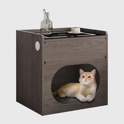 NEW Modern Smart Nightstand with Cat Enclosure House & Wireless Charger & Light