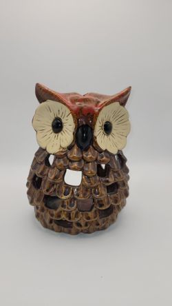 7" ceramic owl luminary candle holder distinctive brown drip glaze Cash only