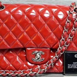 Chanel Red/Silver Quilted Patent Medium Double Flap Bag (Guaranteed Authentic)