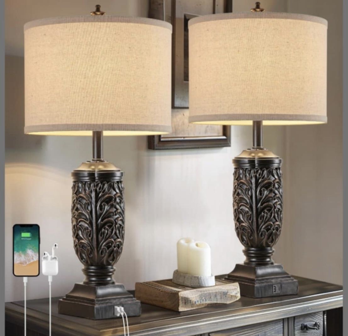 Brand New Set Of 2 -28.5" Farmhouse Table Lamps With USB C+A Ports