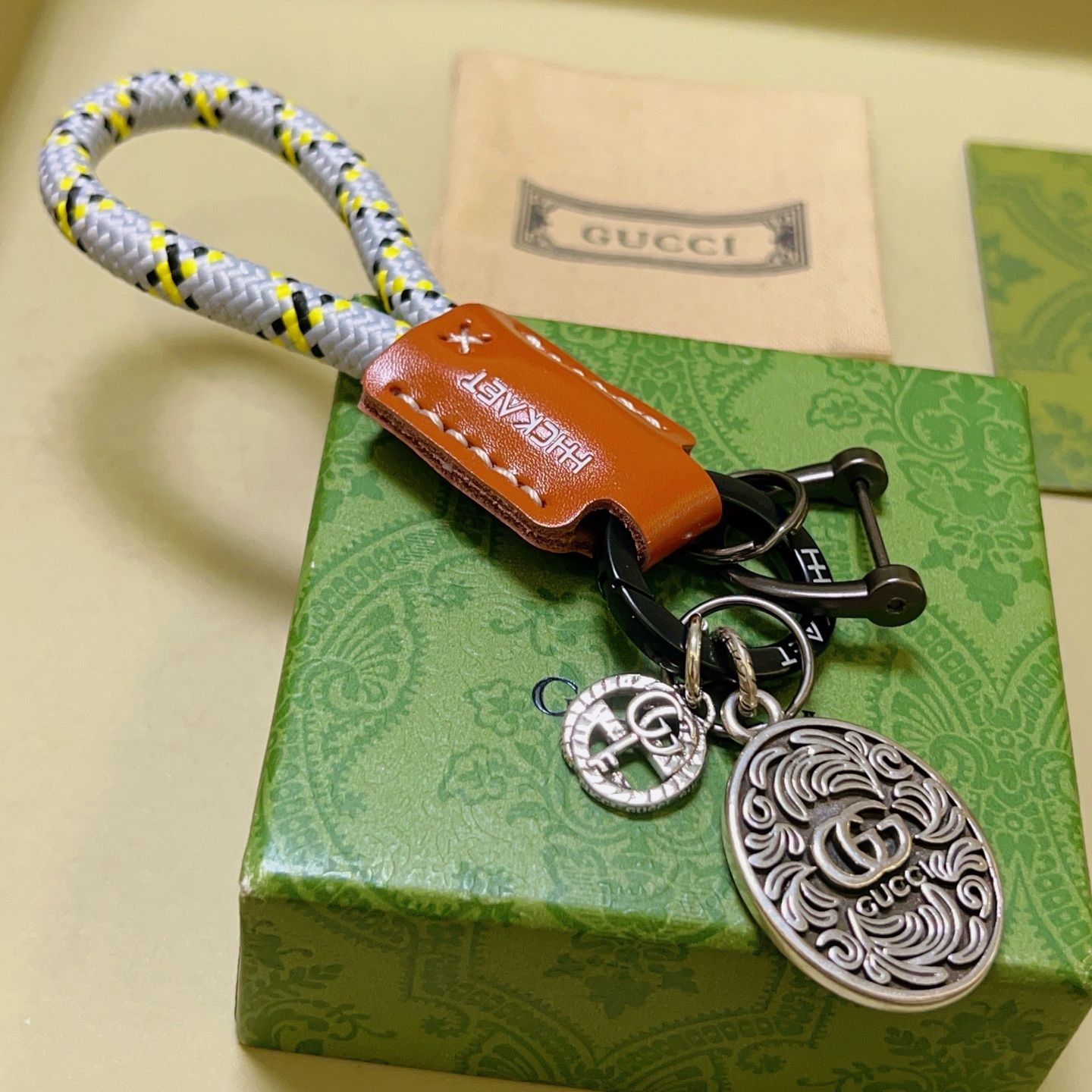 Gucci Classic GG Logo Braided Keychain Leather Charms