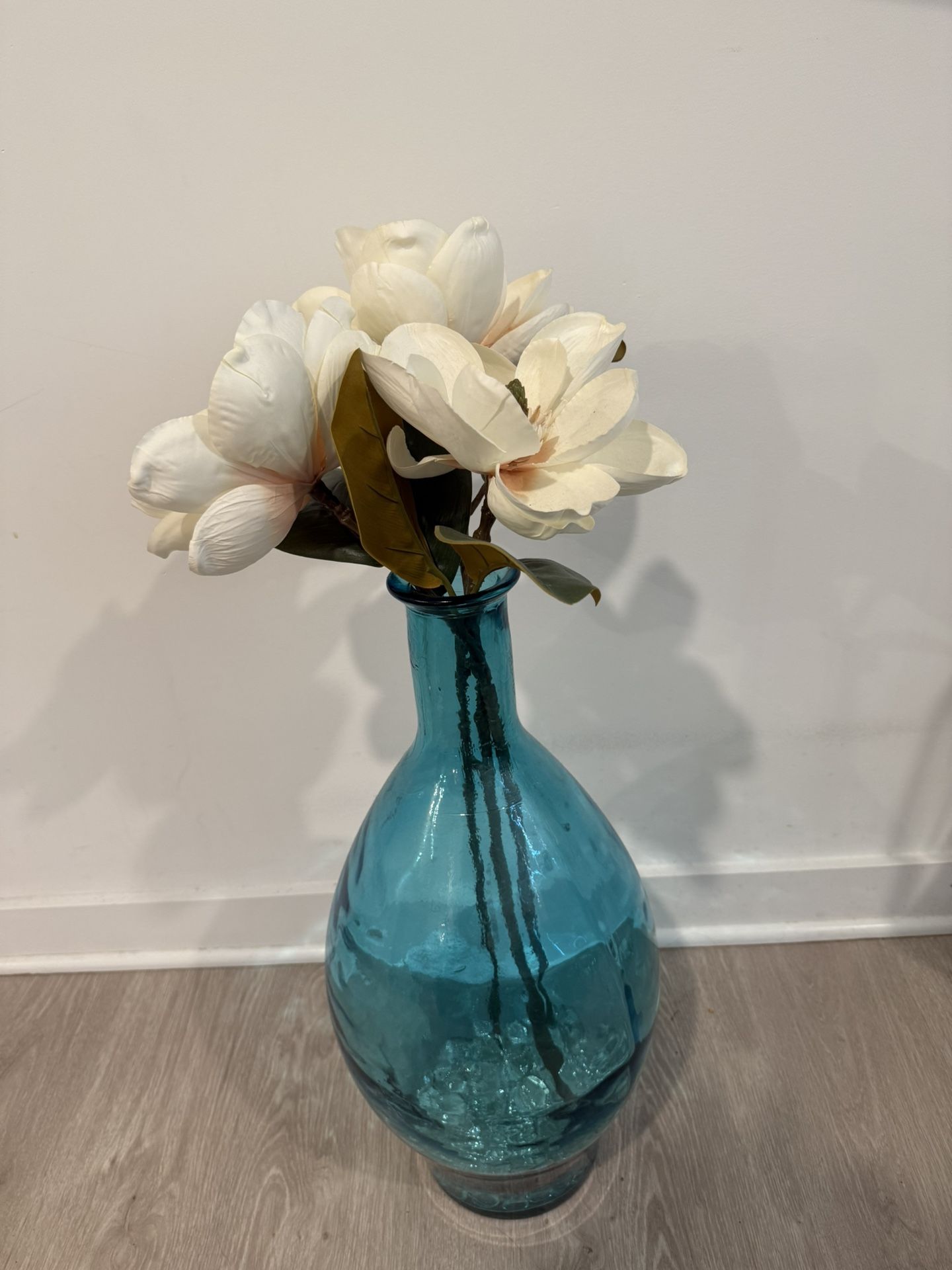2 Tall Blue Glass Vase with Cream Faux Flowers