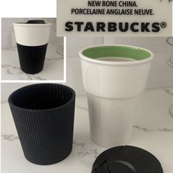 Rare Starbucks Black Rubber Grip Bone China Via Travel Tumbler Cup Mug 8 oz Coffee or Tea.  BONE CHINA  keeps it HOT! COFFEE TEA LOVERS 
