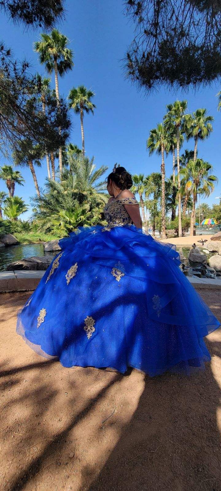 , quinceanera dress royal blue with gold accent size 8
