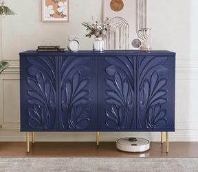 Assembled New Sideboard Buffet Cabinet with 3D Flower Pattern Accent Cabinet with 4 Doors