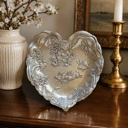 Vintage Pewter Heart-Shaped Bunny Serving Dish / Decorative Tray