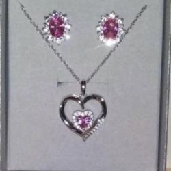 Sterling Silver With Real Diamonds And Pink Stone Necklace & Earrings