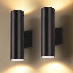 2 Dusk to Dawn Outdoor Wall Lights, 16W Integrated LED Cylinder Up-Down Sconce, 3000K Waterproof