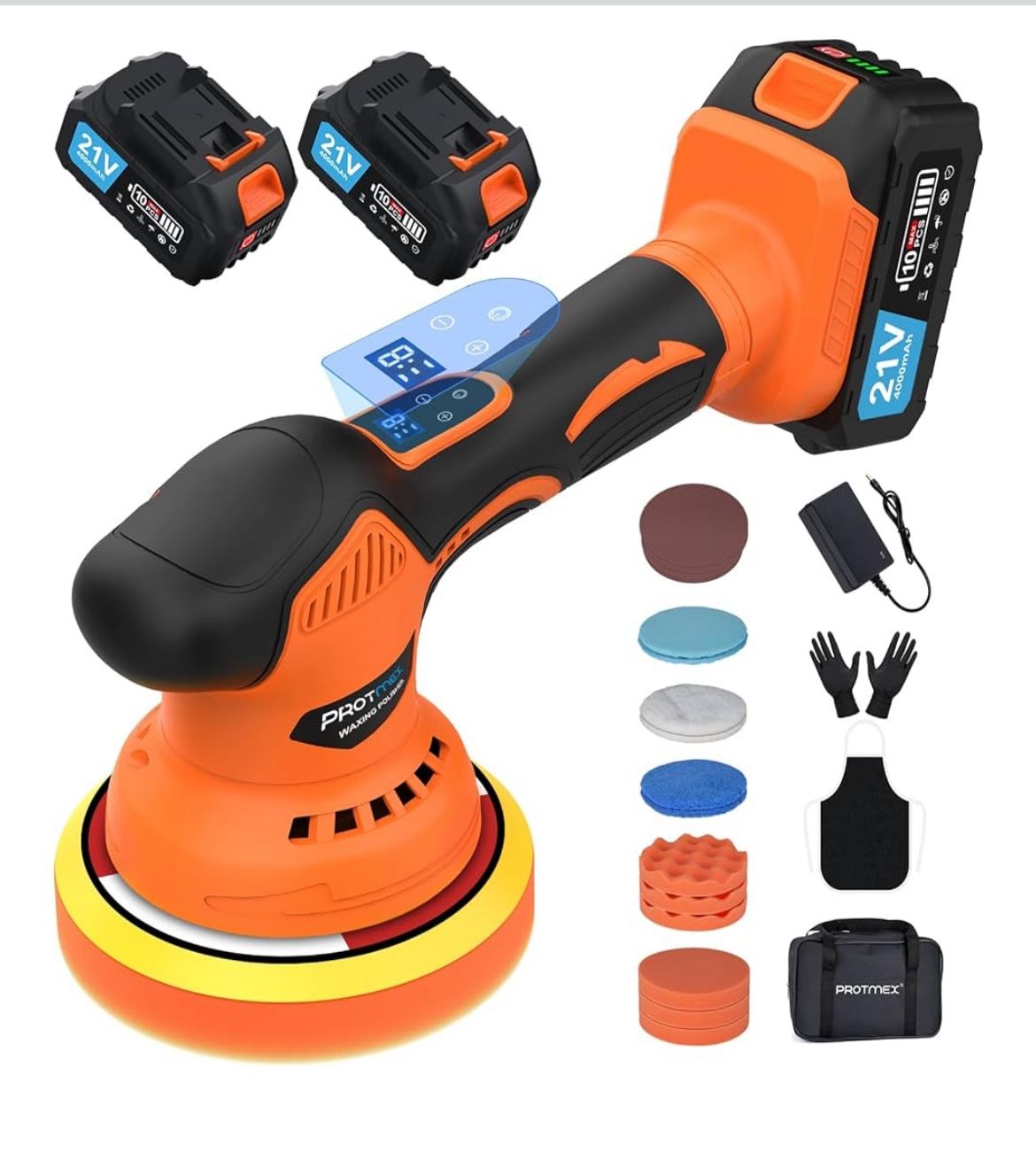 Pulidora inalámbrica para automóvil, kit de pulido de automóvil con baterías de 21 V, 2 x 4.0 Ah, búferes excéntricos orbitales con 8 velocidades vari