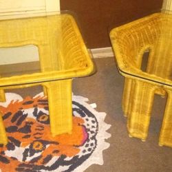 Rattan wicker glass top side tables end tables lot set of 2 *MID CENTURY MODERN BAMBOO*