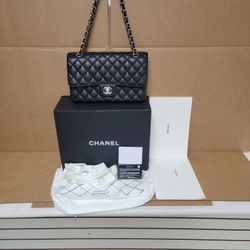 Chanel Double Flap Classic Medium Black Caviar Bag Silver