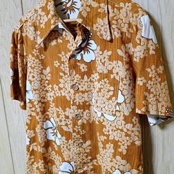 Vintage Hawaiian Custom Barkcloth Tiki Shirt 1970s Collar Size Large P2P 22.5"