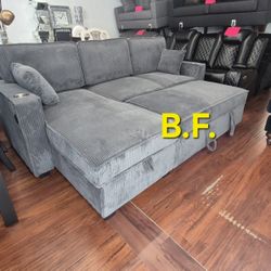 👑 Sofa Bed Sectional, Gray Color, Corduroy Fabric,  New In The Box.