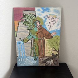 Original Hand-Painted Canvas – Aztec & Catholic Symbolism (25” x 18”)