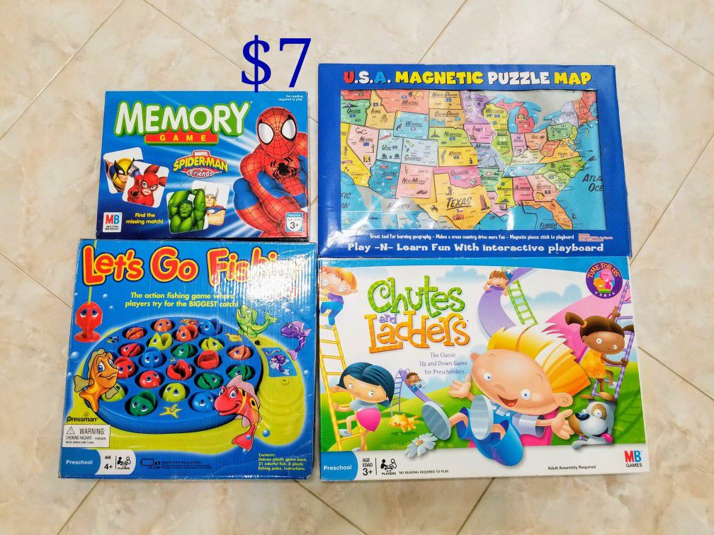 Chutes and Ladders, Let's Go Fishing, Memory board game and USA Manetic Puzzle Map