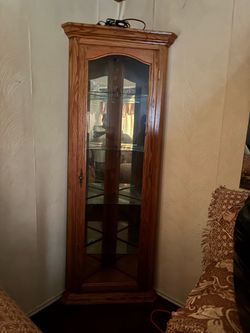 Oak Corner Curio Cabinet with Glass Door