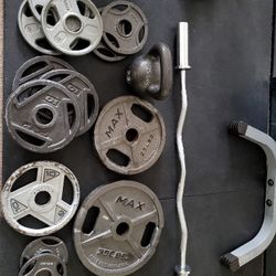 Weight Plates, Bar And Kettlebells