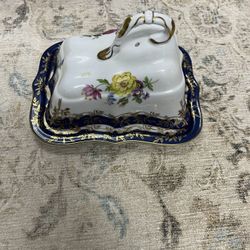 Limoges Florals on White, Cobalt Blue Edge: Cheese Dish w/ Wedge Lid
