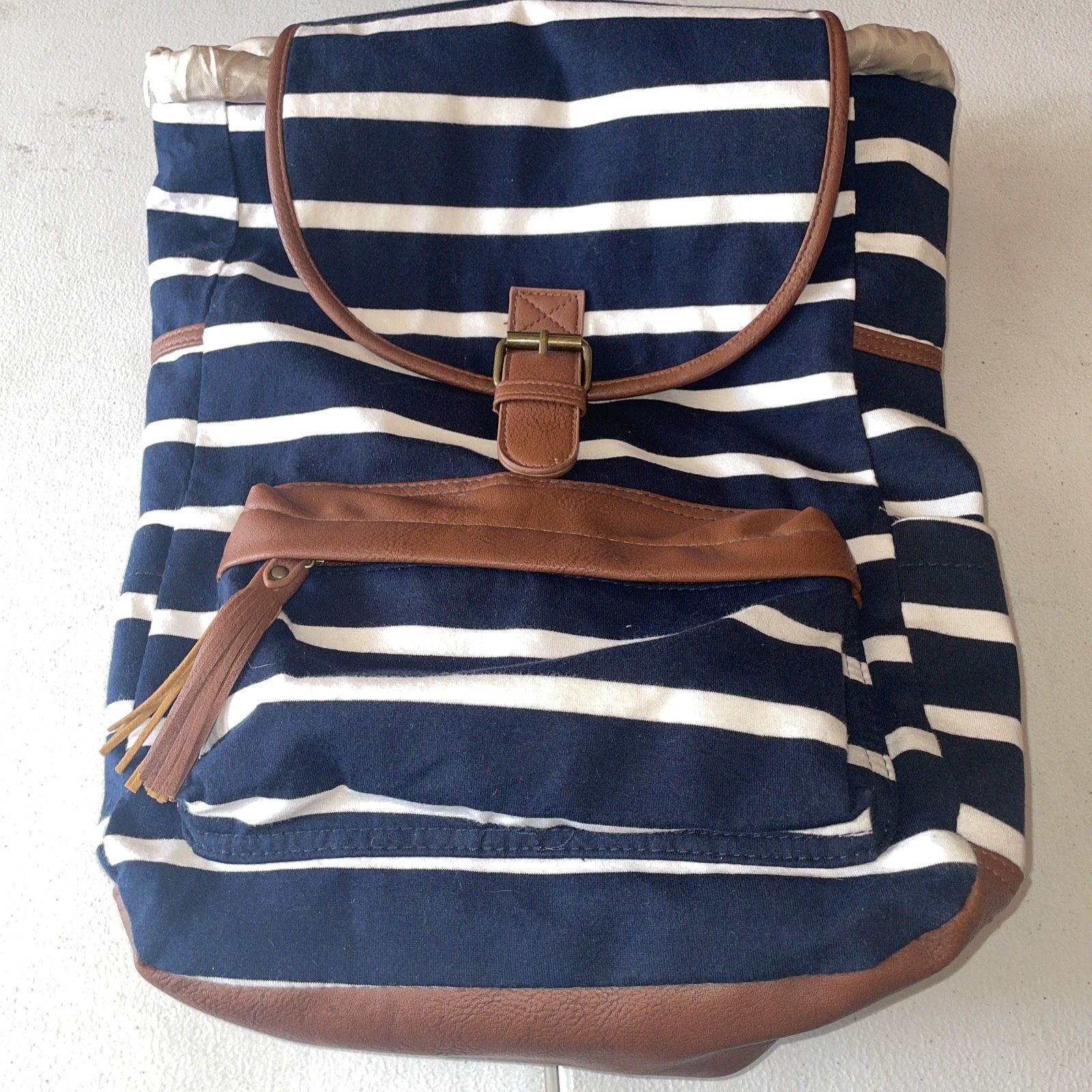 Madden Girl Women's White Benji Striped Canvas & Faux Leather Backpack