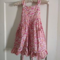Pinafore Dress With Potted Plants And Tulip Print Vintage Girls Size 5