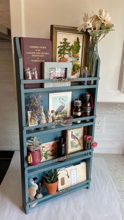 Upcycled Lightly Distressed 4 Tier Teal Wooden Wall Display Shelf w/Brass Accents