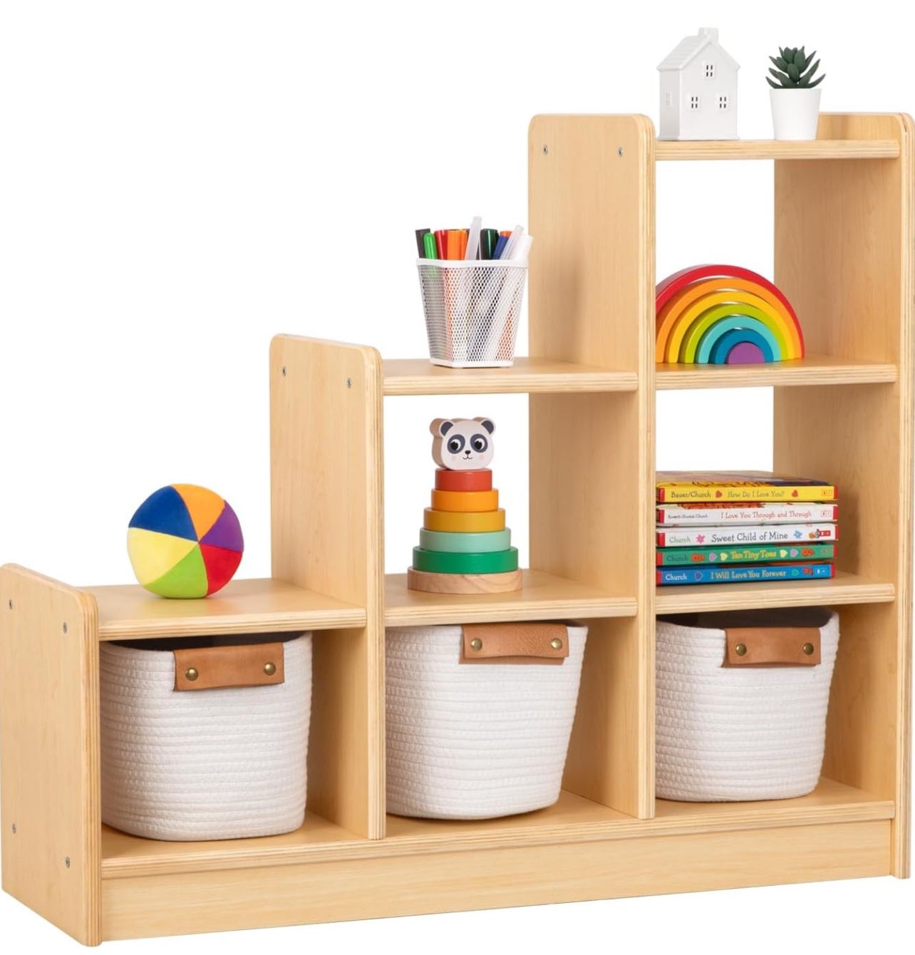 676 9 Cube Shelves Storage Cabinet, L Shaped Freestanding Ladder Corner Bookshelf 6 Cubes Stepped Etagere Bookcase, 4 Tier Wooden Storage Display She