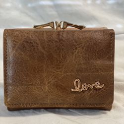 “Valentine’s Day Gift: Brown Faux Leather Wallet with Gold ‘Love’ Detail”