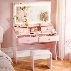 Makeup Vanity Desk with Chair, Pink