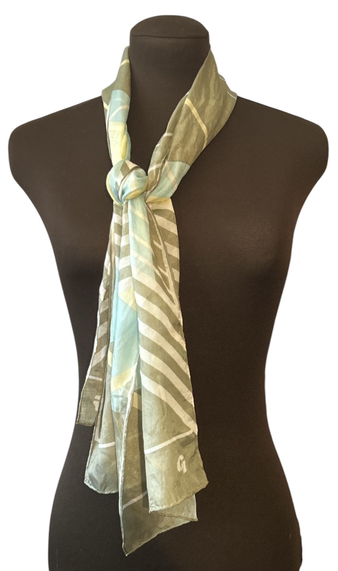 Scarf ~ 100% Silk Multicolored Aqua Olive Yellow 10” X 52”