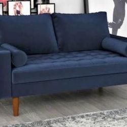 Beautiful Blue Velvet Unique Statement Mid-Century Modern Sofa