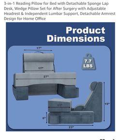3‑in‑1 Reading Pillow for Bed with Detachable Sponge Lap Desk, Wedge Pillow Set for After Surgery with Adjustable Headrest & Independent Lumbar Suppor