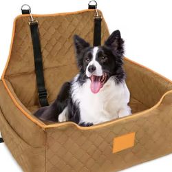 Large Pet Booster Car Seat – Linen Travel Bed with Safety Belt & Leash, Elevated Cushion