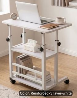 White Adjustable Rolling Laptop Desk with Shelves