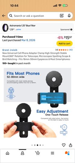 New Universal Cell Phone Adapter Clamp High-Strength Stable Mount360° Rotation for Telescope, Microscopes Spotting Scope & Bird Watching - Fits 16mm-5