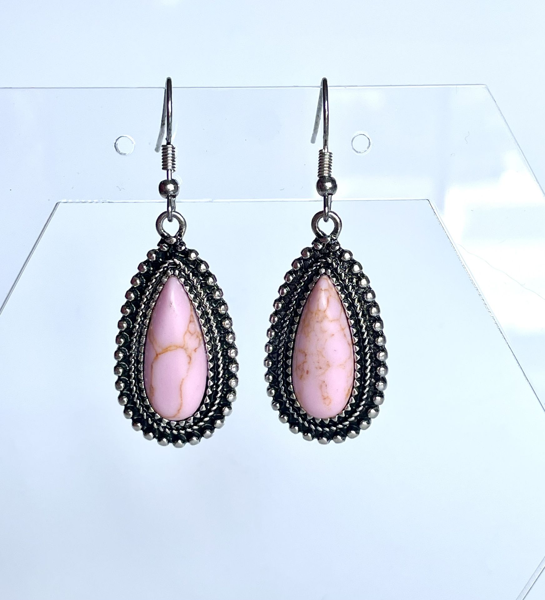 Teardrop pink silver earrings agate faux stone gem water drop boho