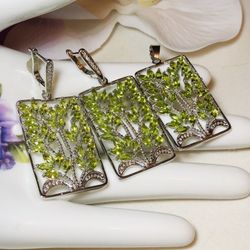 Sterling Silver.925 Green Peridot And CZ Earrings And Pendant Set