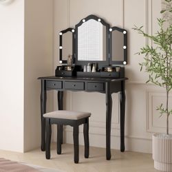 Vanity Table, Vintage Vanity Desk With Mirror & Lights With Sitting Stool
